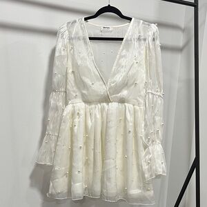 Showpo Ivory Sheer Dress with Pearl Details